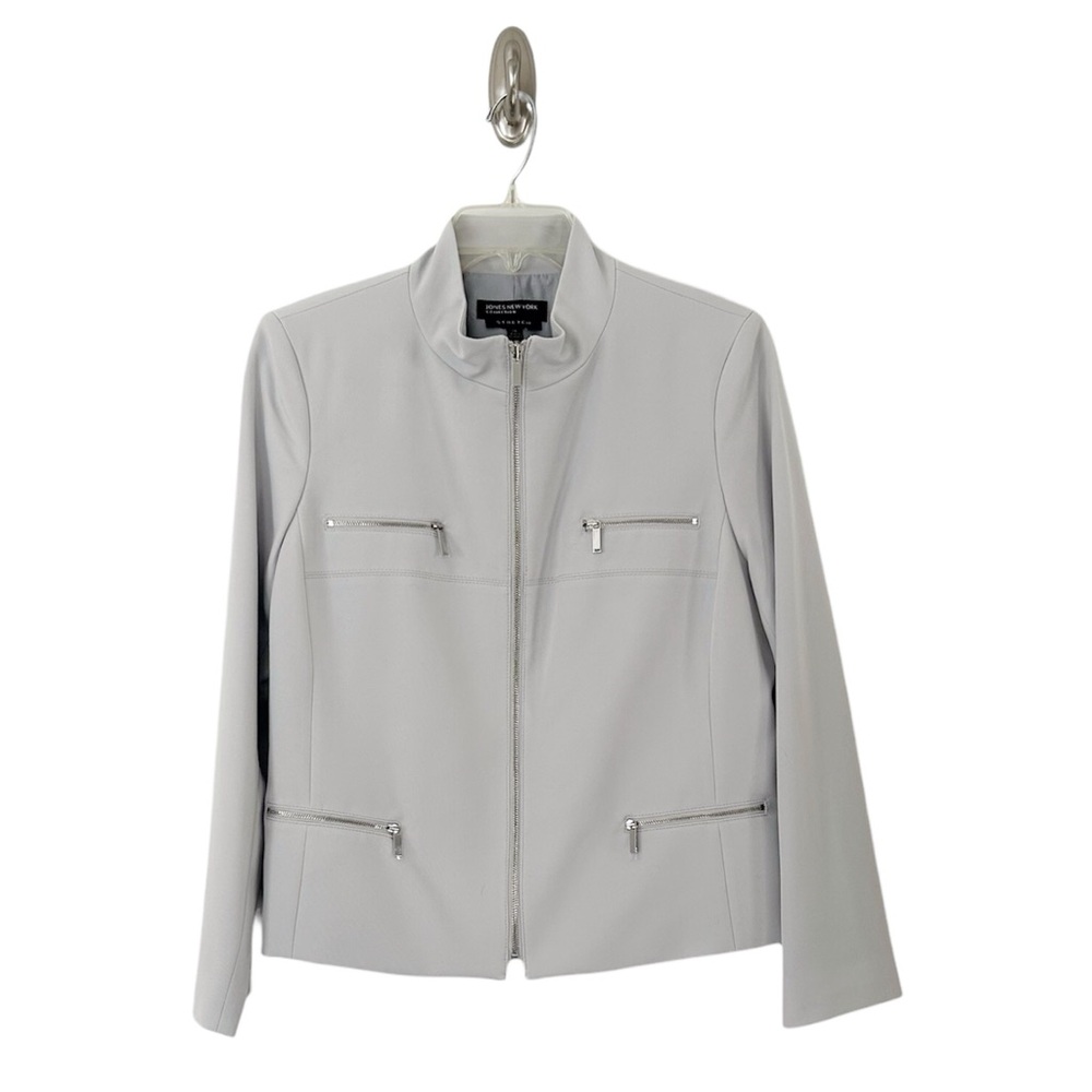 Jones New York Women’s Stretch Zipper Front Gray Mandarin Collar Blazer Size 14